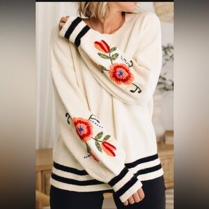 IV House Floral Embroidered Ballon Sleeve Sweater New